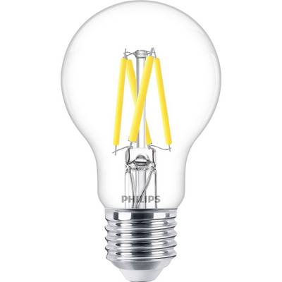 Čirá LED žiarovka s kovovou päticou, zobrazujúca štyri vnútorné žlté vlákna. Na žiarovke je vytlačené meno značky 'PHILIPS'.