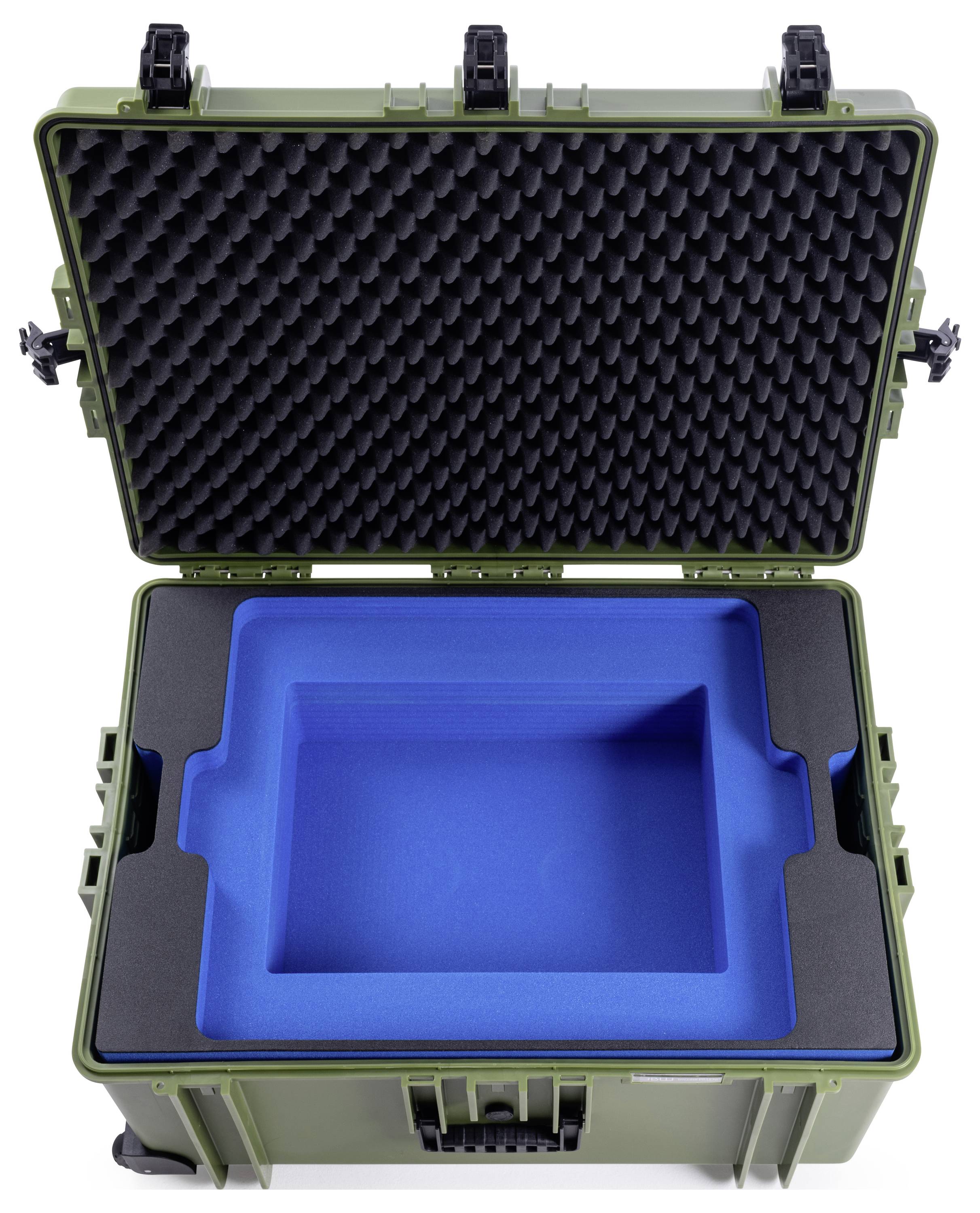 Otvorený, robustný zelený prepravný kufor s čiernou penovou výplňou a modrou vložkou, pripravený na bezpečné uskladnenie.