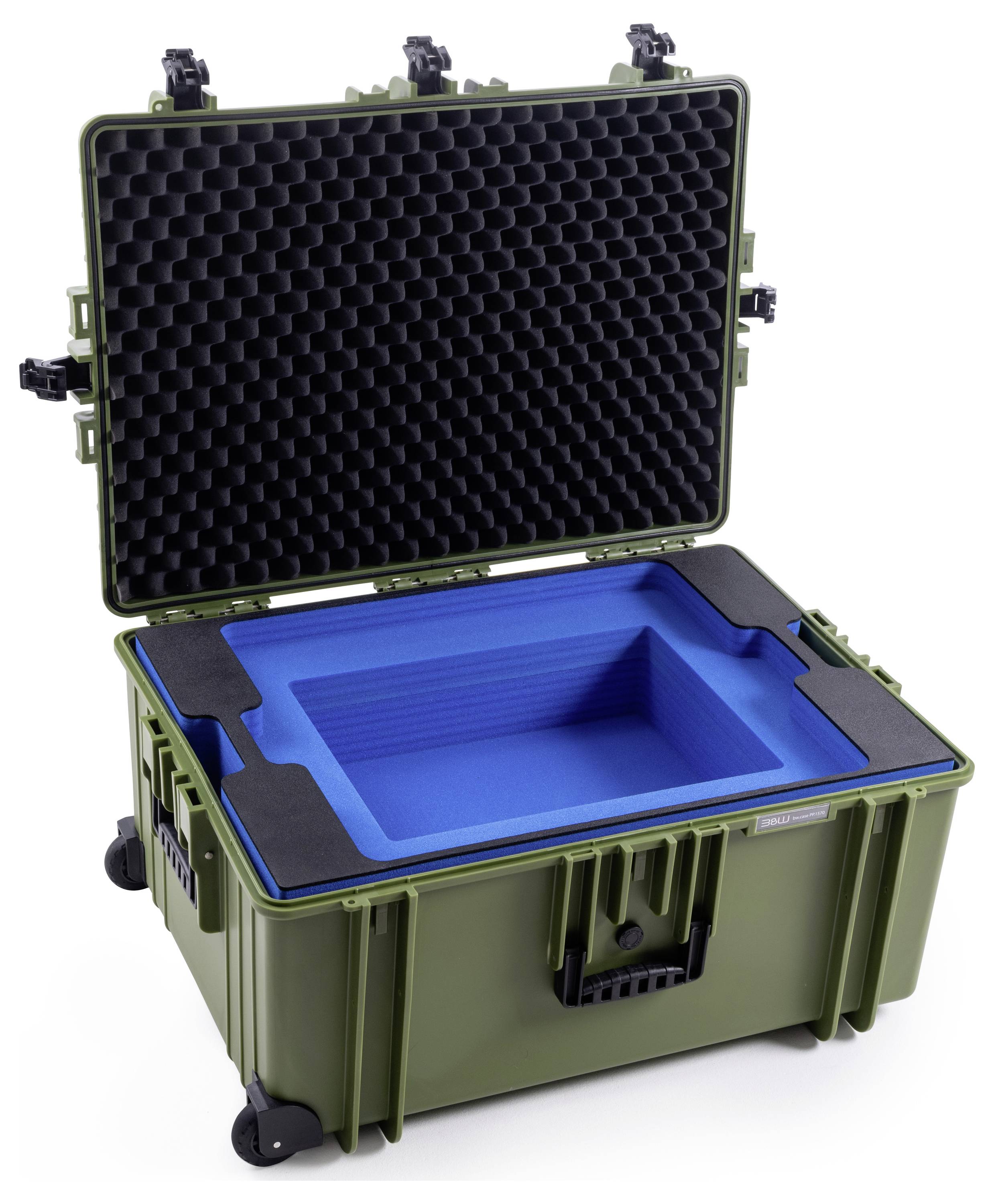 Otvorený zelený bezpečnostný kufor s vnútornou penou poskytuje ochranu pre citlivé zariadenia.