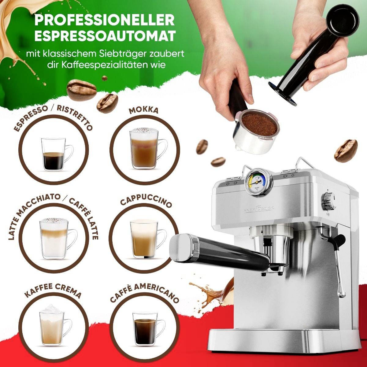 Pákový espresso kávovar s viacerými druhmi kávy, ako sú espresso, mokka, latte macchiato a cappuccino.