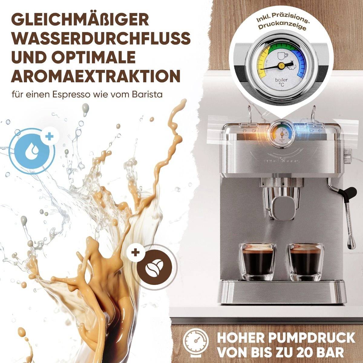 Espresso stroj s dvoma šálkami, ponúka rovnomerný prietok vody a kontrolu arómy. Presný ukazovateľ a tlak až do 20 barov.
