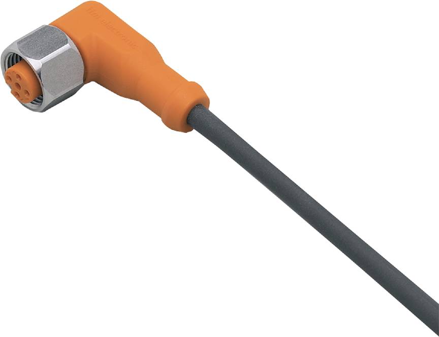 Uhlový konektor v oranžovo-striebornej farbe s čiernym káblom, vhodný pre elektrické pripojenia.