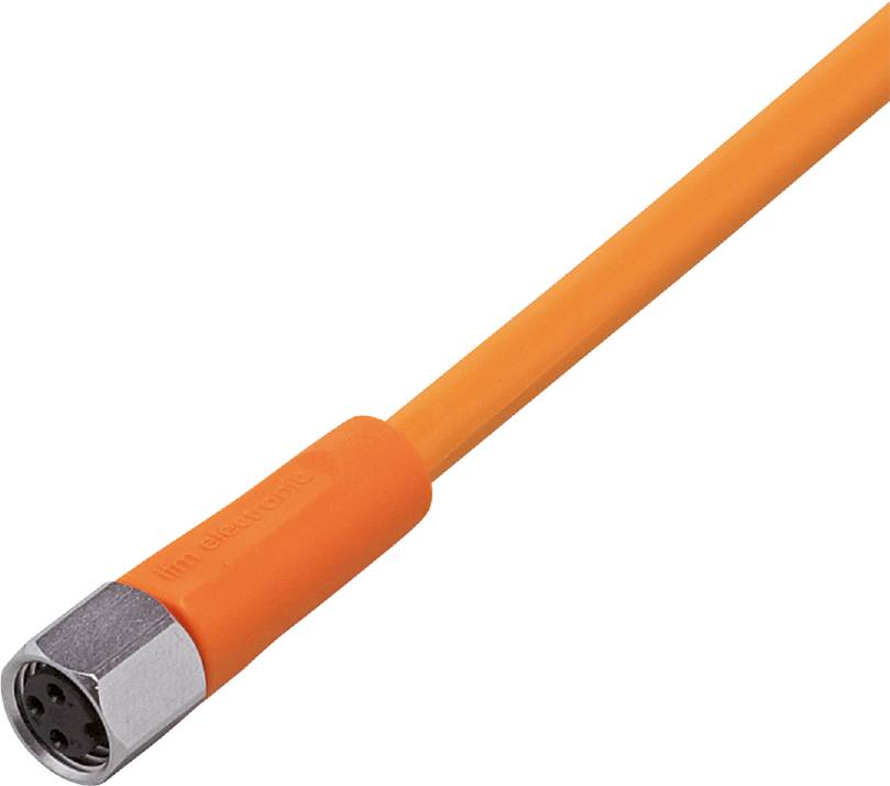 Oranžový kábel so strieborným konektorom, vhodný pre priemyselné aplikácie alebo strojové zapojenie.