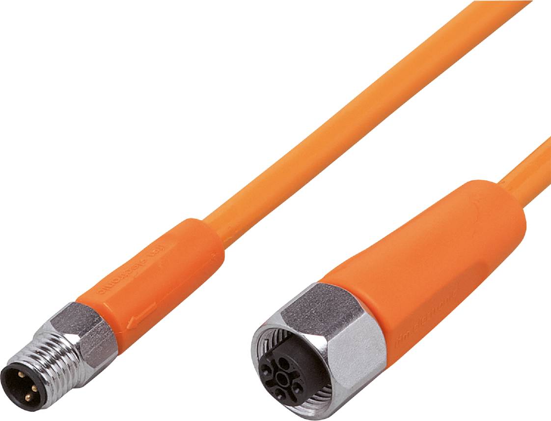 Oranžový koaxiálny kábel so zástrčkou, vhodný pre elektrické alebo elektronické aplikácie, na bielom pozadí.