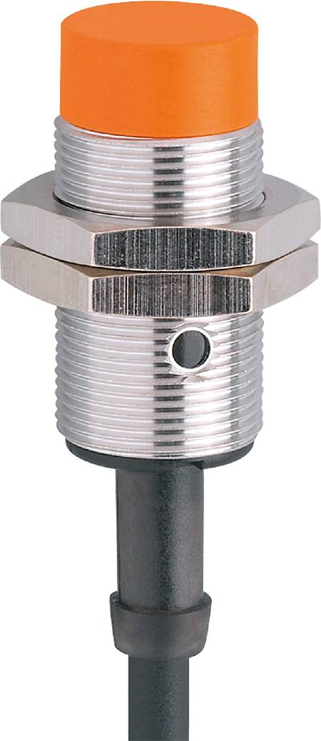 Valcový, strieborný senzor so závitovým žliabkovaním a hladkým povrchom, ktorý má okrúhle pozorovacie okienko.