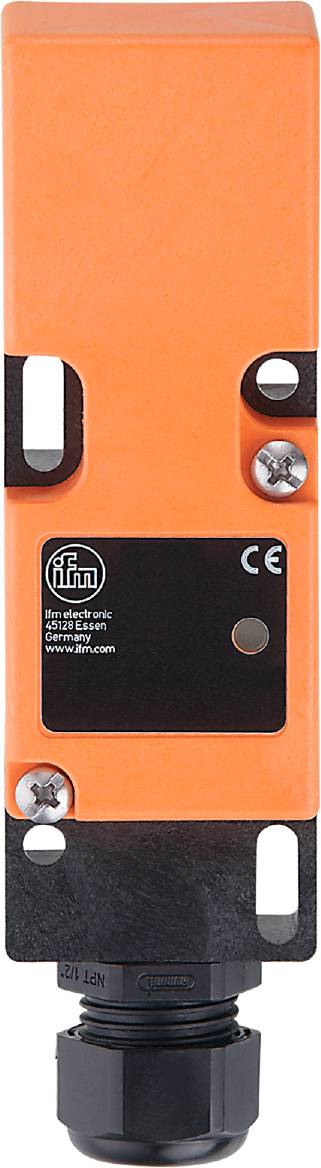 Oranžový valcový koncový spínač s CE značkou a nápisom „ifm electronic, 45128 Essen".