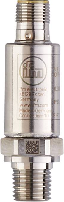 Snímač od ifm electronic s logom, adresou v Essene, Nemecko, URL webovej stránky a poznámkou „Made in Germany".