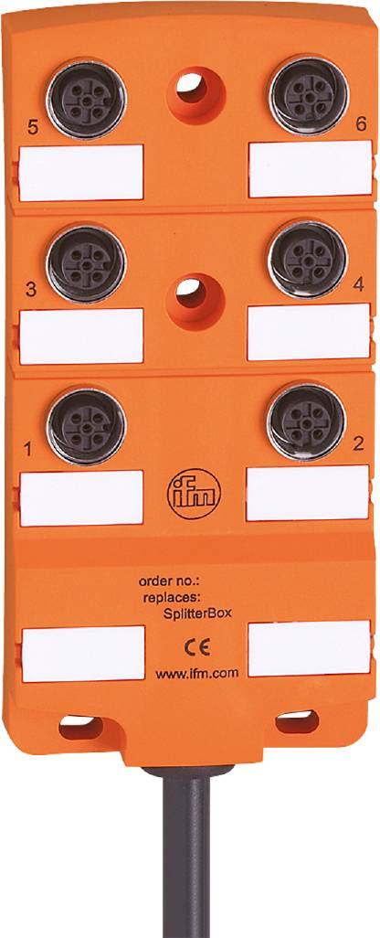 Oranžové zariadenie s nápisom 'SplitterBox', štyrmi okrúhlymi konektormi a sériovým číslom. Logo v strede.