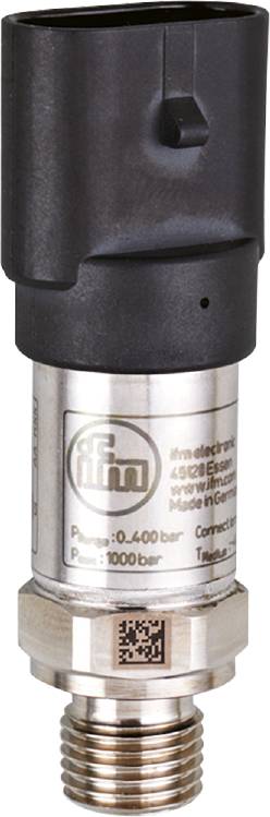 Cylindrický snímač od 'ifm electronic' s logom spoločnosti, nápisom 'Made in Germany' a tlakovým rozsahom '0-400 barov'.