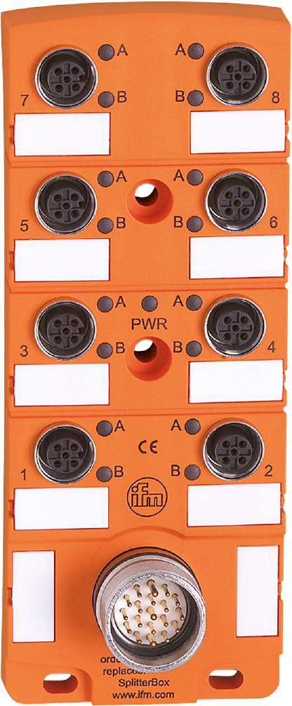 Oranžový elektrický modul s konektormi, v strede označený nápisom 'PWR'. Hore a dole sú umiestnené popisy A a B.