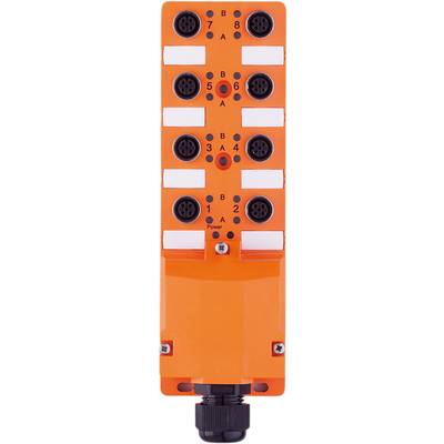 Detailný záber na oranžovú elektrickú zásuvkovú lištu so štyrmi okrúhlymi zásuvkami, označenými písmenami A, B, 1, 2 a nápisom 'Power'.