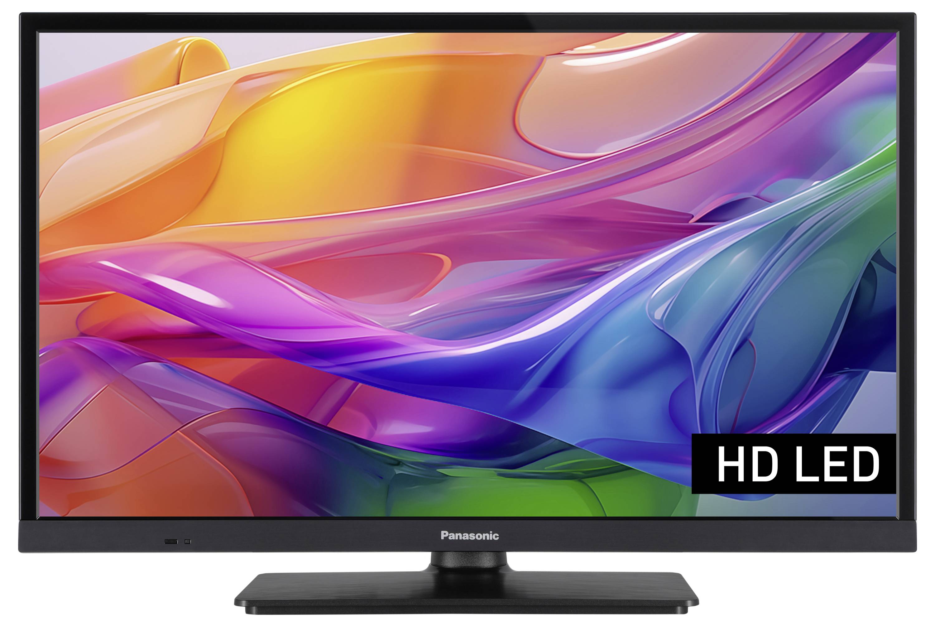Plochý televízor s jasným HD LED displejom zobrazuje pestré, abstraktné tvary. Názov značky je viditeľný dole.