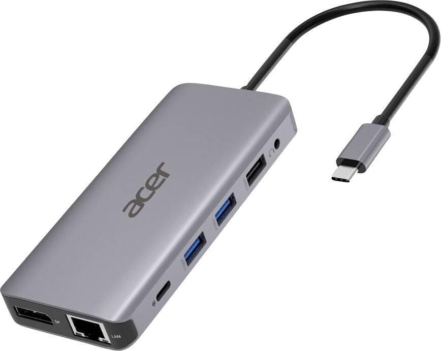 Sivý laptop dokovací adaptér s USB-C káblom, viacerými USB portami, HDMI a ethernetovým pripojením. Viditeľný názov značky.