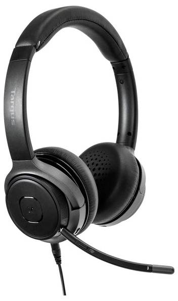 Čierna headset so nastaviteľným oblúkom, mäkkými náušníkmi a mikrofónom. Vhodná pre telefonické hovory a online konferencie.