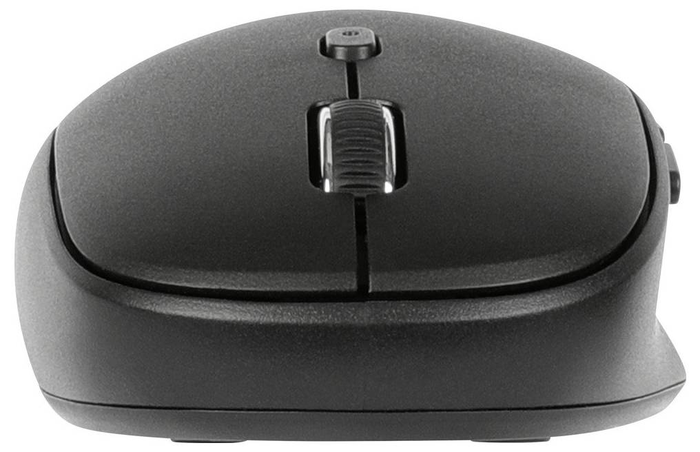 Čierna bezdrôtová počítačová myš, zobrazená spredu. Viditeľné je koliesko na posúvanie a dve tlačidlá.