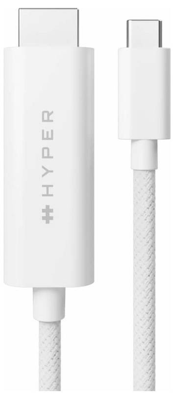 Biele USB-C kábel od spoločnosti Hyper s adaptérom na ľavej strane.