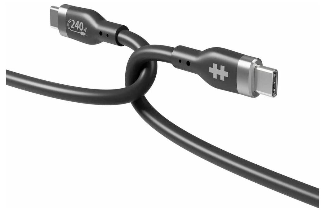 Čierny USB-C kábel s dvoma konektormi, označený hodnotou 240W. Je mierne skrútený, čo vytvára dojem všestrannosti.