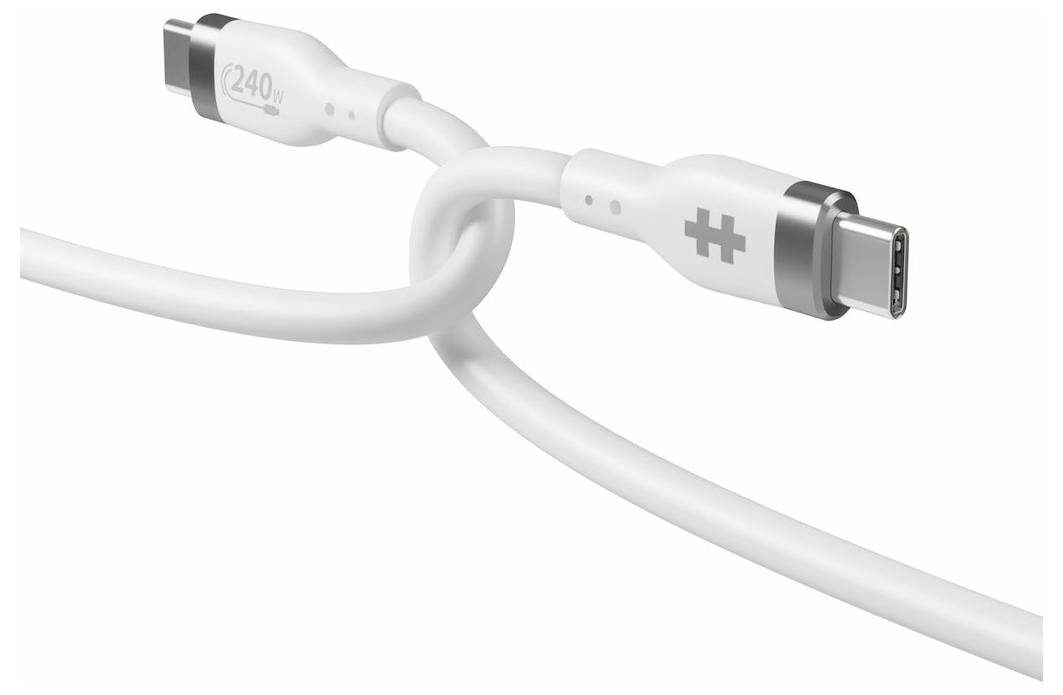 Biele USB-C kábel s potlačou 240 wattov je zviazaný do uzla.