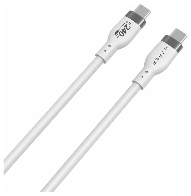 Dva biele USB-C káble so striebornými konektormi, vhodné pre nabíjací výkon 240W, s nápisom 'HYPER' a '240W'.