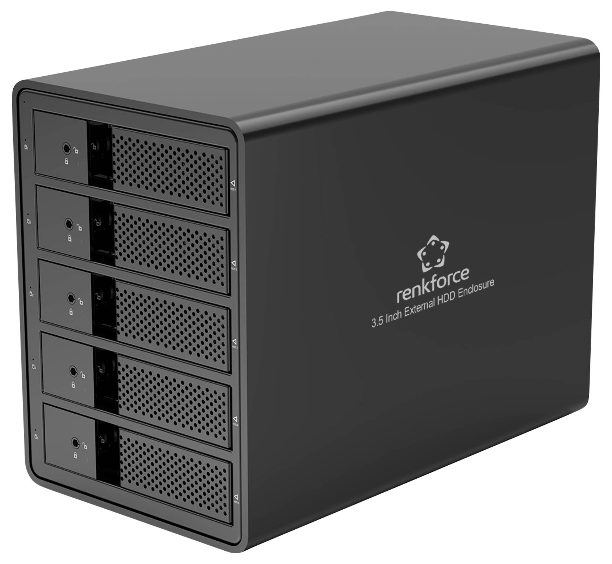 Externý úložný box pre päť 3,5-palcových HDD diskov, značka 'renkforce'.