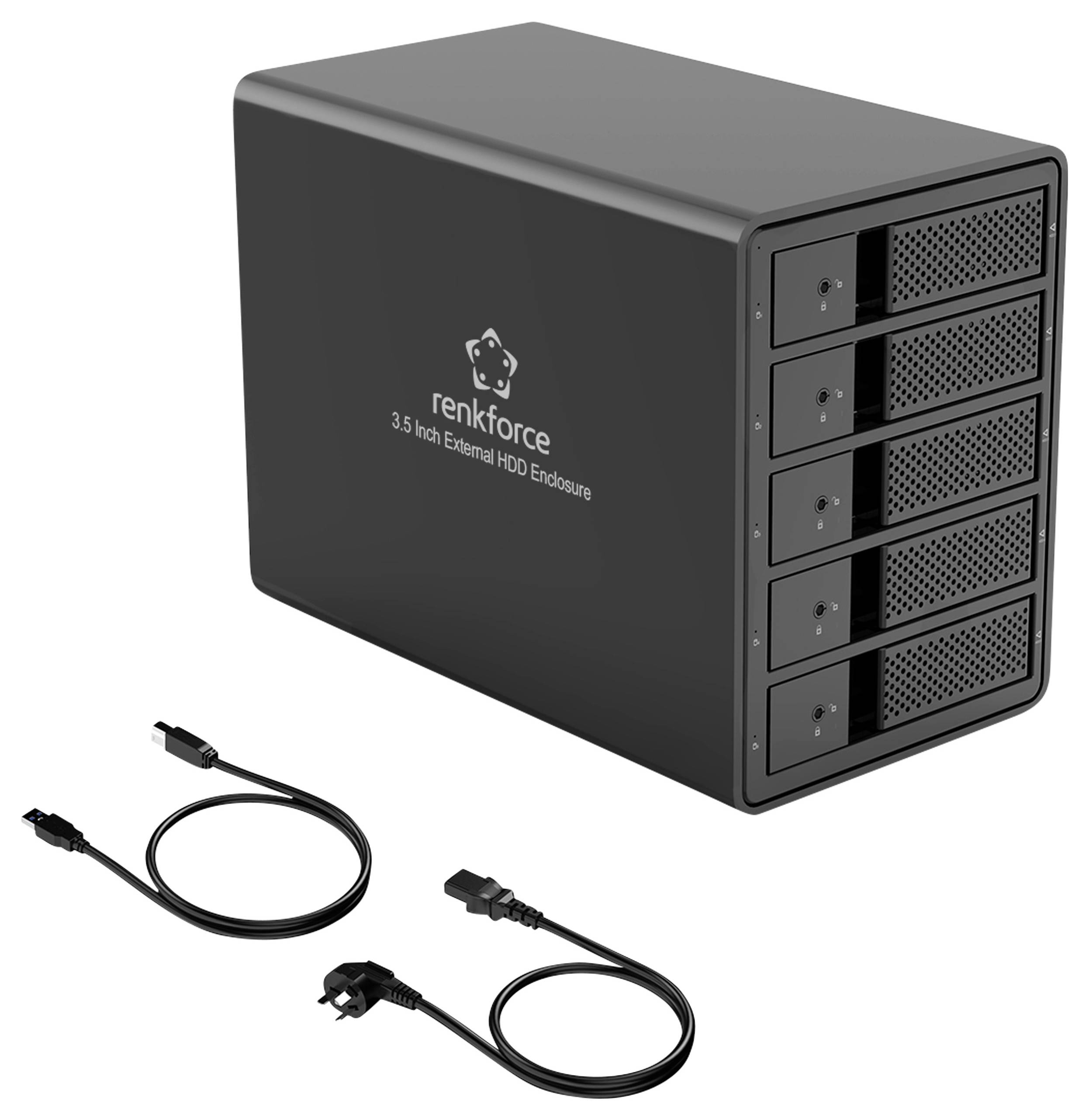 Externý box na pevné disky s piatimi pozíciami, označený ako '3.5-palcový externý box na HDD'. Súčasťou sú tiež dva kompatibilné pripojovacie káble.