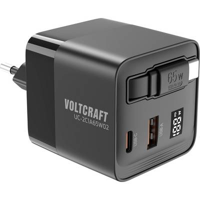 Čierna USB nabíjačka s dvoma portami (USB-C, USB-A), LED indikátorom a výkonom 65W. Označenie: 'VOLTCRAFT UC-2C1A65W02'.