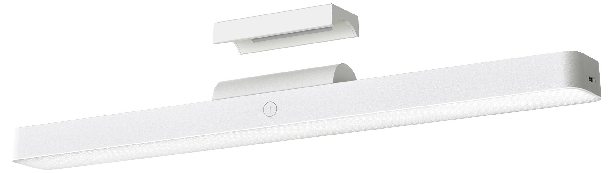 Biela LED lampa s obdĺžnikovým telom a okrúhlym vypínačom, ktorú možno namontovať na strop alebo stenu, vhodná do moderných interiérov.