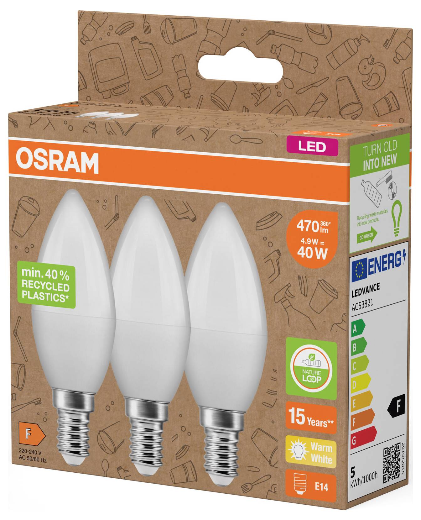 Krabica LED sviečkovej žiarovky OSRAM s tromi žiarovkami, 470 lm, 4,9 W/ekvivalent 40 W, teplá biela, životnosť 15 rokov, energetická trieda F.