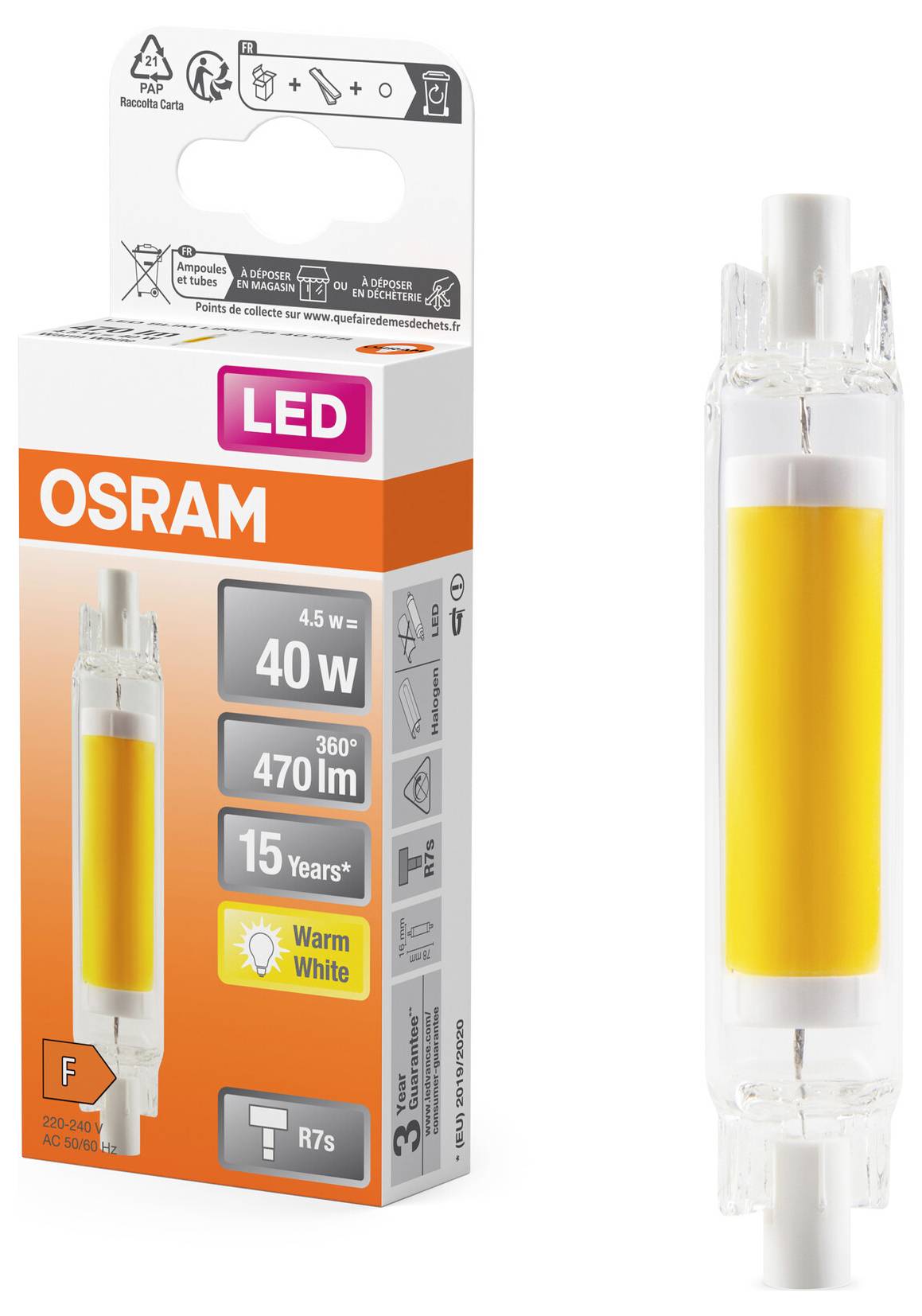 LED žiarovka v priehľadnom obale od OSRAM. Parametre: 4,5W, ekvivalent 40W, 470 lm, uhol svietenia 360°, životnosť 15 rokov, farba svetla 'teplá biela'.