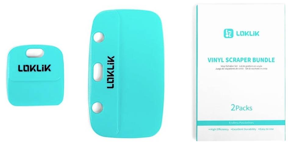 Súprava dvoch tyrkysových vinylových škrabiek značky LOKLIK vedľa obalu s nápisom 'Vinyl Scraper Bundle'.