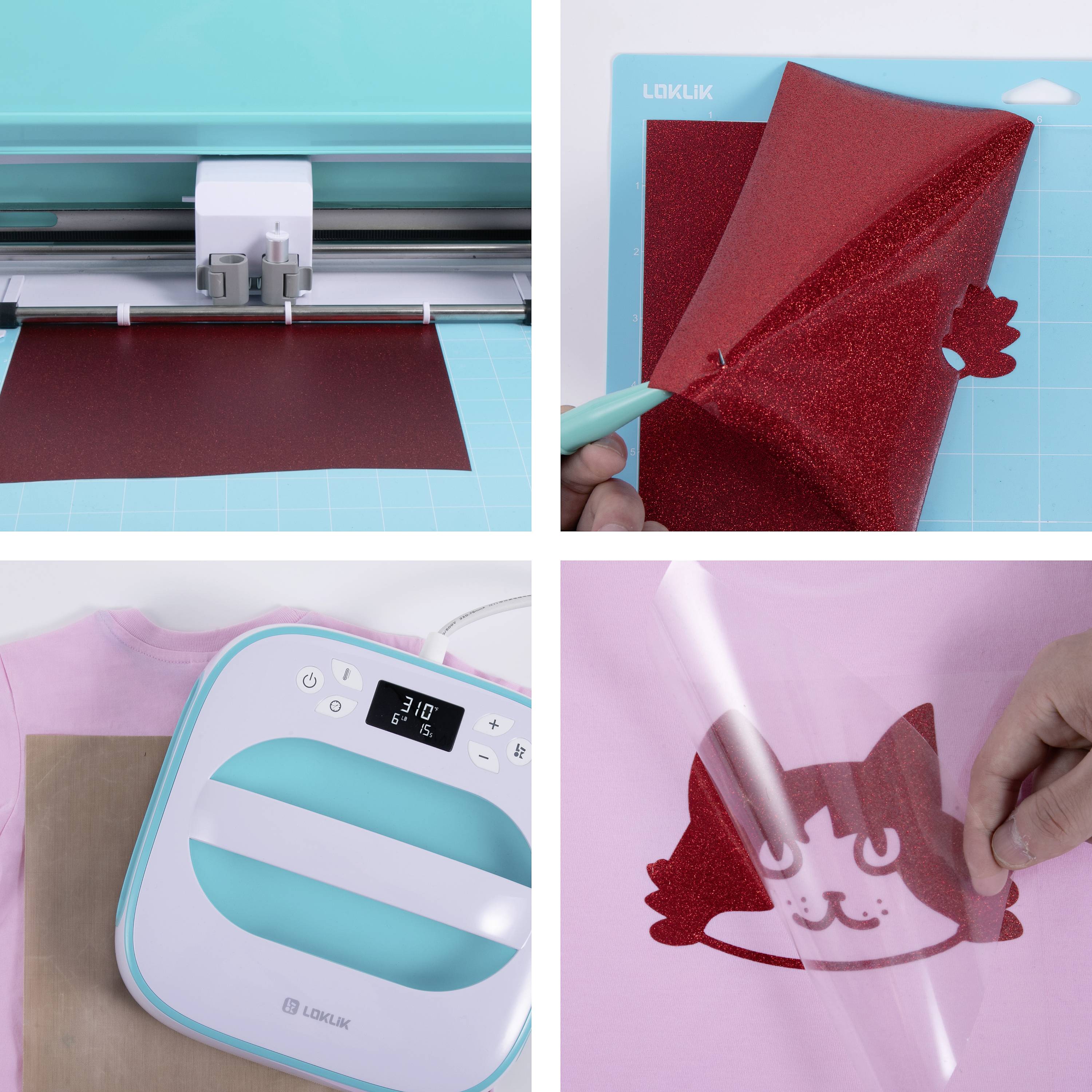 Vinyl-rezačka vystrihne červený motív mačky. Motív sa natlačí na ružové tričko a následne sa tepelným lisom pevne zafixuje.