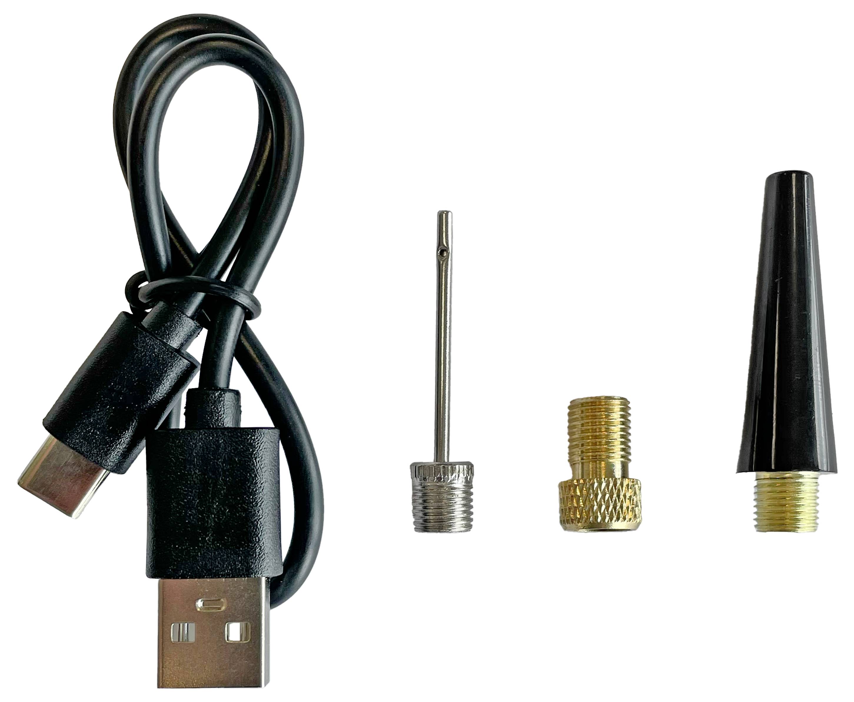 USB kábel s USB-C konektorom, kovový ihlovitý ventil, mosadzný adaptér a čierny kužeľovitý adaptér vedľa seba.