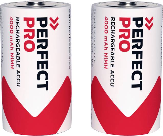 Dva biele, valcovité akumulátory značky 'Perfect Pro', 4000 mAh NiMH, s červeným V-dizajnom, umiestnené vedľa seba.