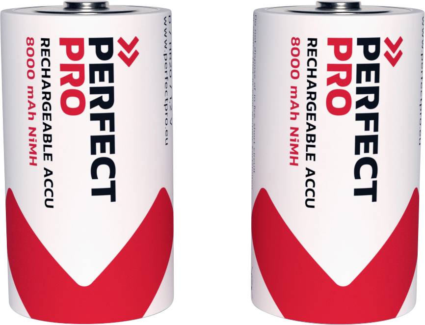 Dva nabíjateľné akumulátory s nápisom 'Perfect Pro', 8000 mAh NiMH. Sú valcovitého tvaru a dizajnované v bielej a červenej farbe.