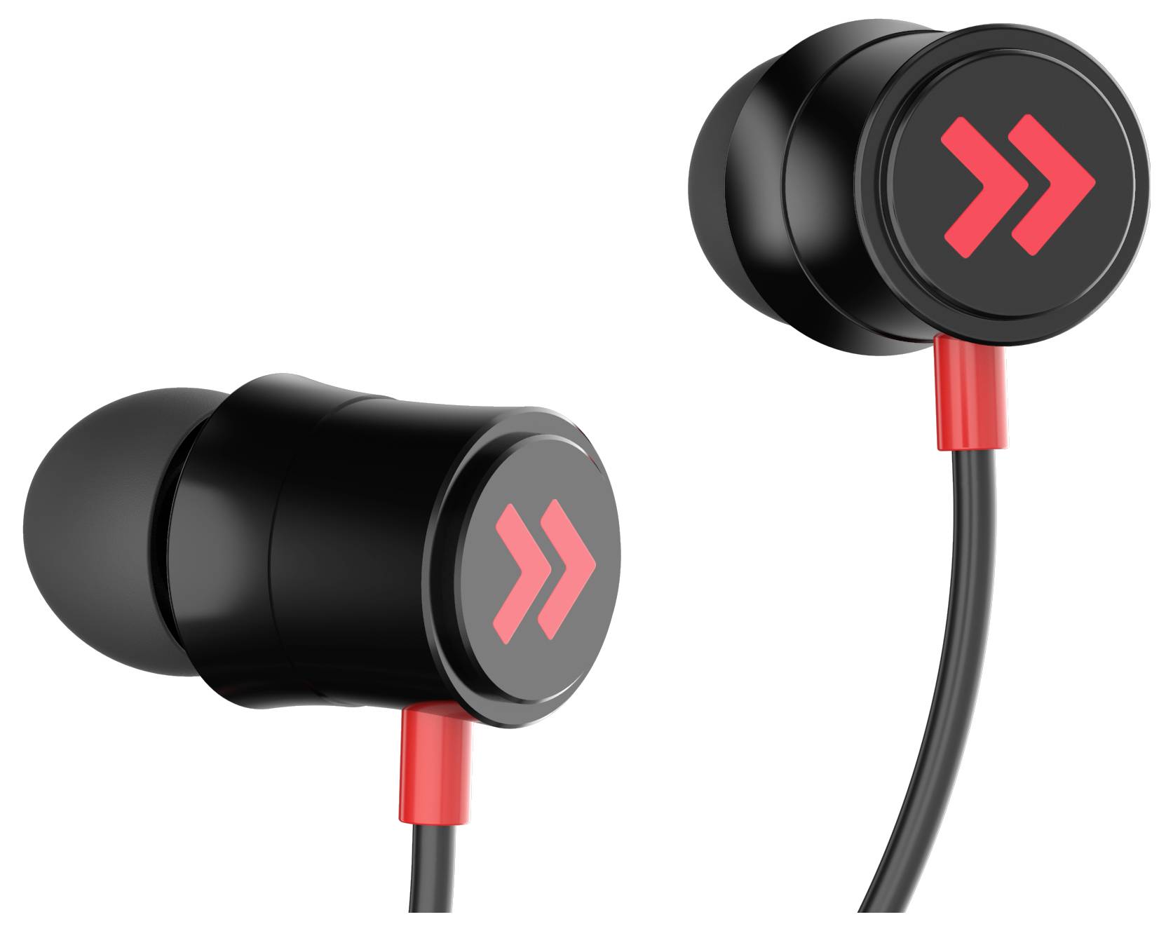 Čierne in-ear slúchadlá s červenými šípovými symbolmi na zadnej strane, prepojené káblom.