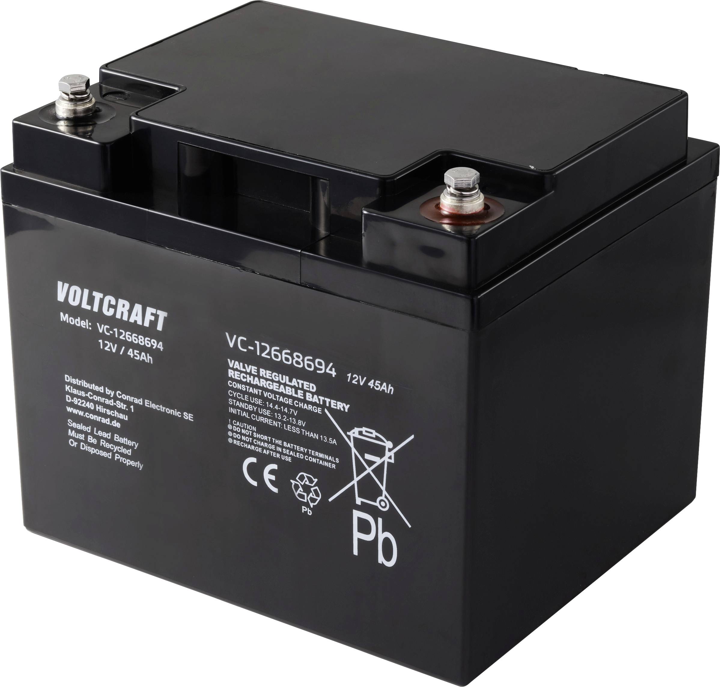 Čierna, obdĺžniková 12V batéria značky VOLTCRAFT, model VC-12686694. Typ batérie: Valve Regulated Rechargeable.