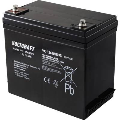 Čierna Voltcraft 12V 55Ah nabíjateľná batéria s modelovým číslom VC-12656895. Obsahuje výstražné upozornenia a CE označenie.