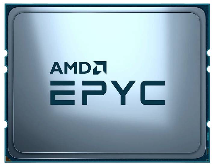 Procesor s nápisom 'AMD EPYC' v tmavom písme na kovovom pozadí.