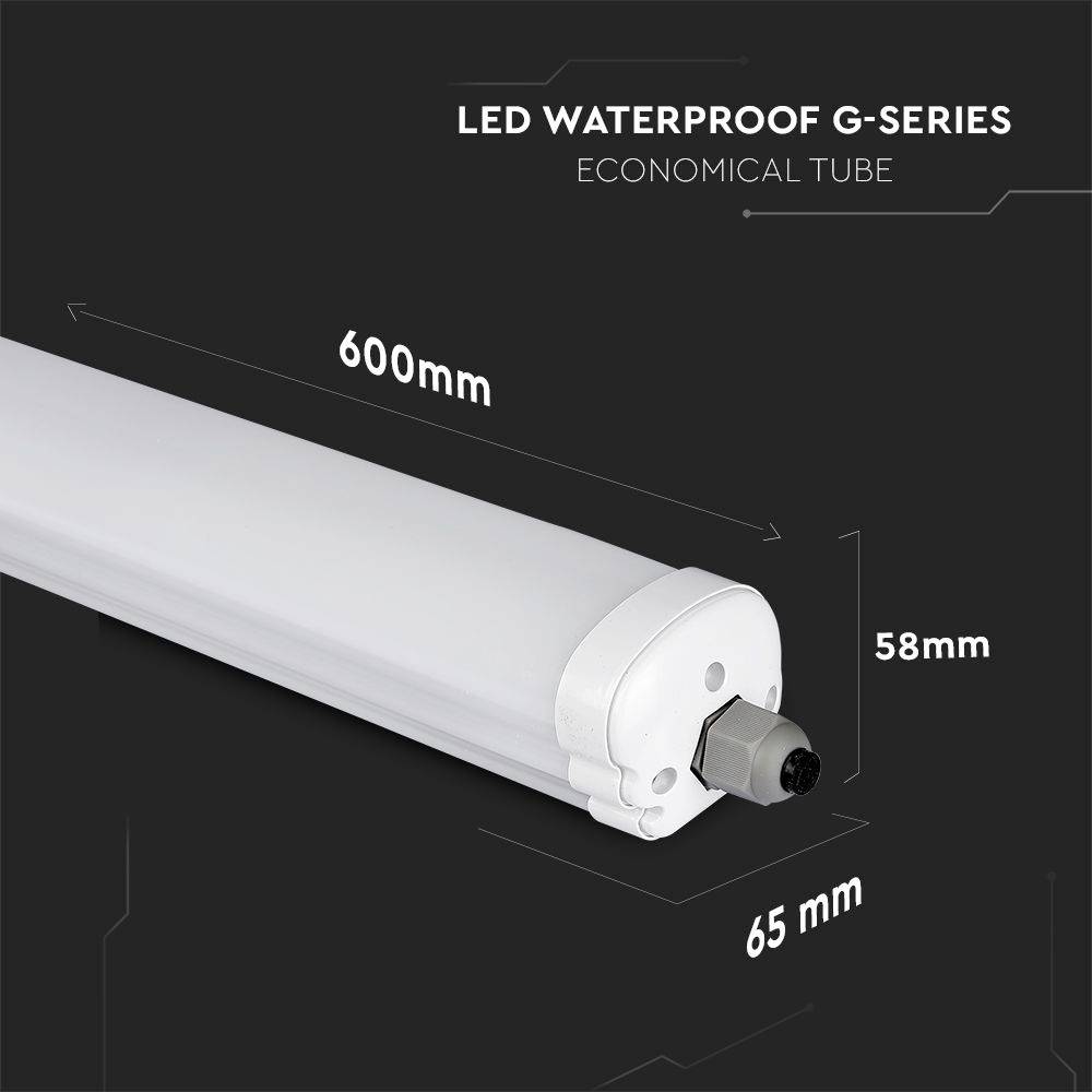 LED vodotesná trubica série G, podlhovastá, dĺžka 600 mm, šírka 65 mm, výška 58 mm.