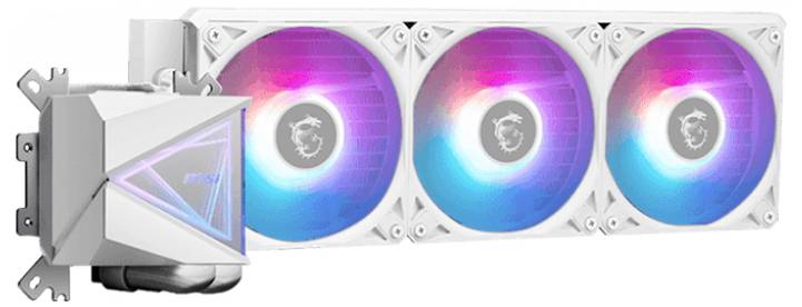 Biela RGB vodná chladič CPU s tromi ventilátormi a podsvietený blok čerpadla. Ideálny pre herné počítače na efektívne chladenie.