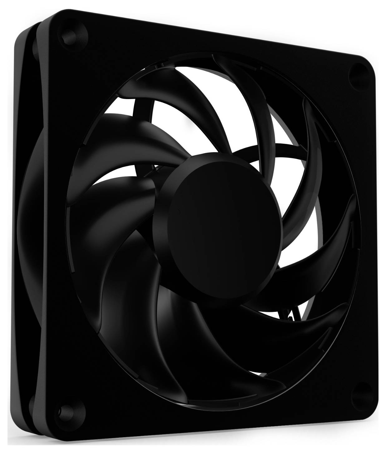Čierny počítačový ventilátor v štvorcovom tvare, viditeľný z bočnej strany, s viacerými zakrivými rotačnými listami vnútri stabilného rámu.