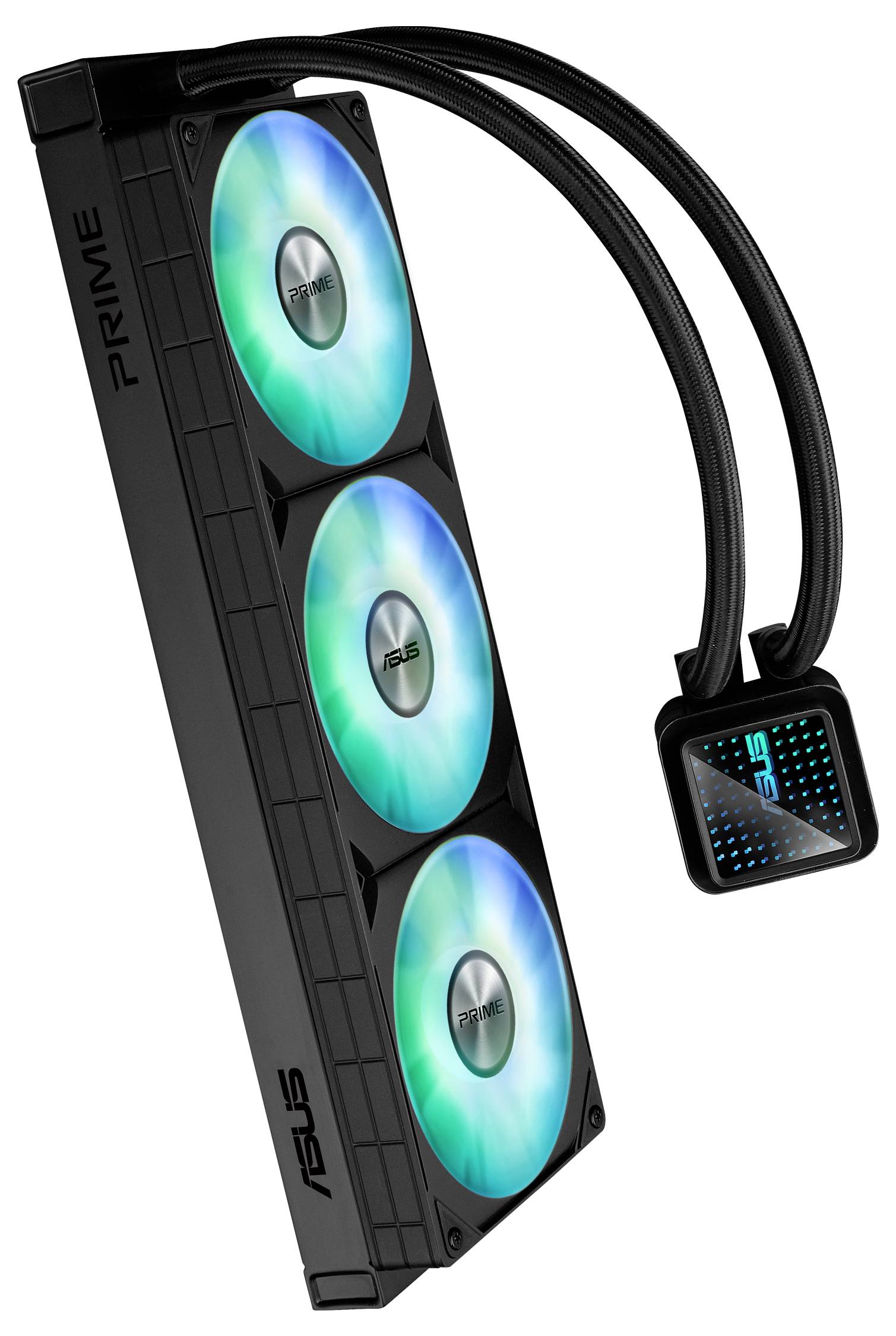 Chladič so štyrmi osvetlenými ventilátormi a pumpou značky 'ASUS Prime' na chladenie počítača.