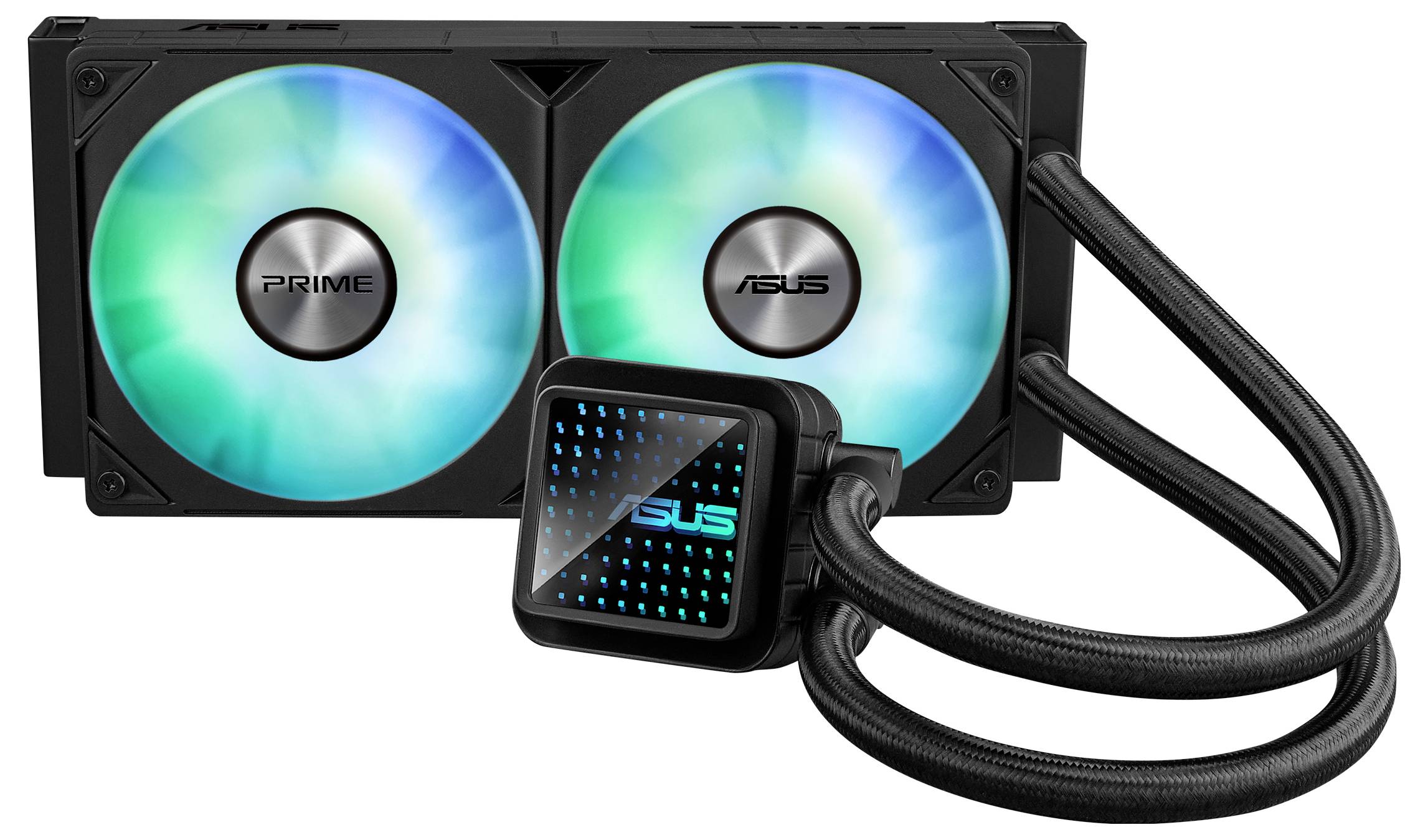 Vodou chladený systém od ASUS s dvoma svietiacimi ventilátormi, čiernym krytom a hadicami, vhodný pre počítačový hardvér.