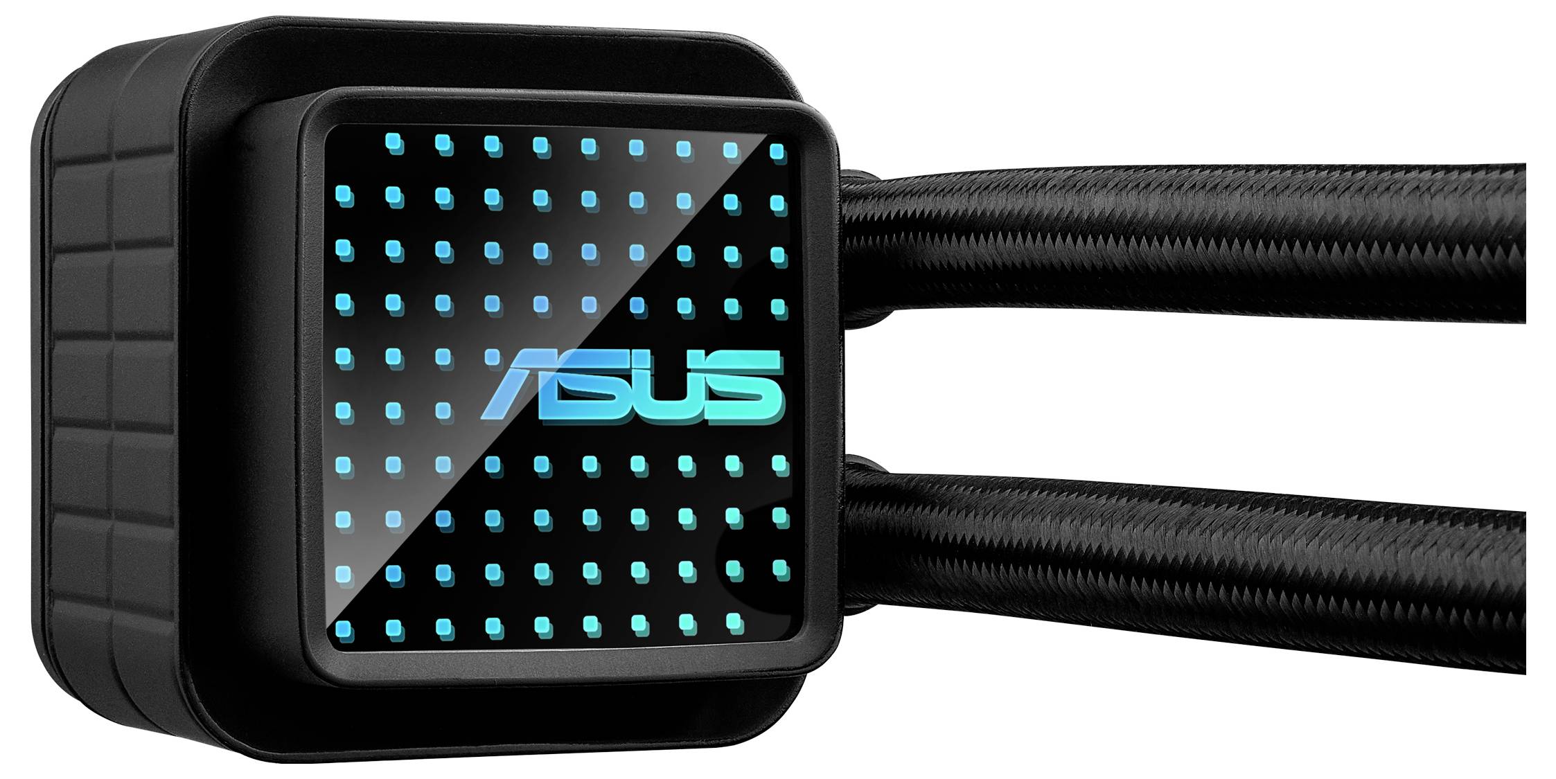 Čierna chladiaca jednotka ASUS s kvapalinovou chladením, ktorá má vpredu modrý bodkovaný vzor a dva čierne hadice.