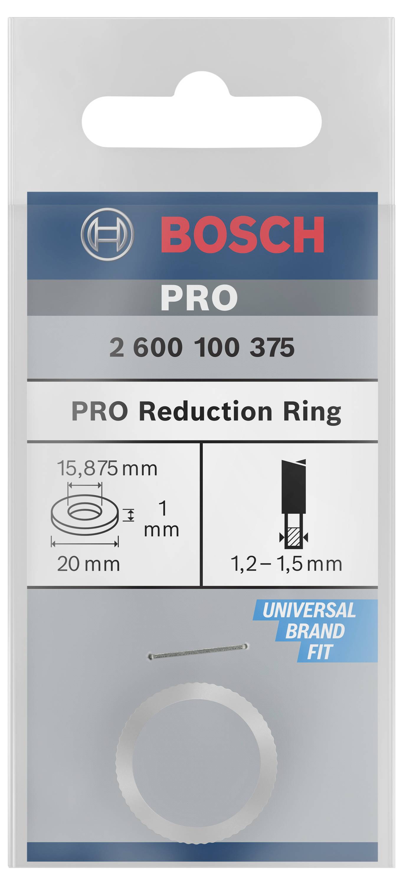 Balenie Bosch PRO redukčného krúžku. Rozmery: 20 mm na 15,875 mm. Vhodný pre 1,2 až 1,5 mm. Univerzálne použiteľný.