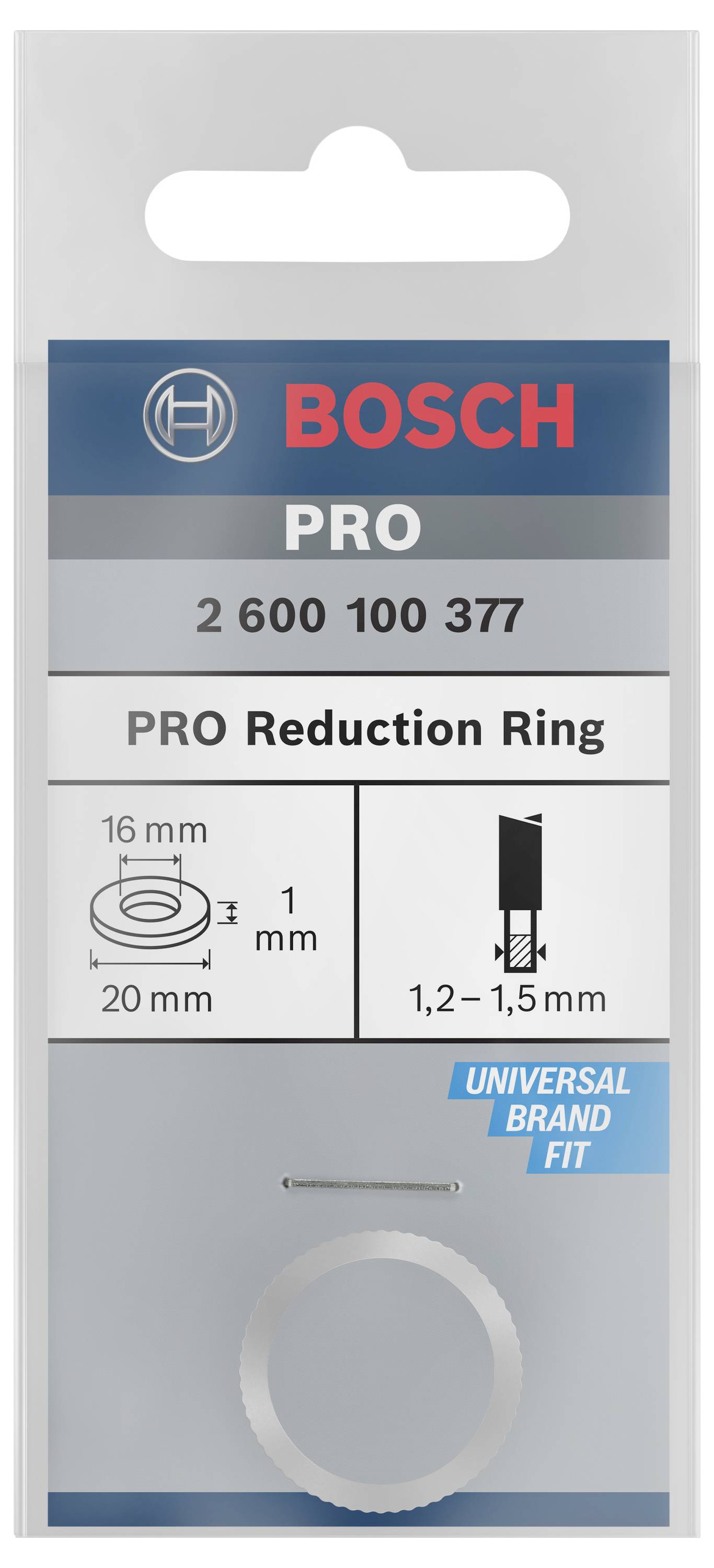 Balenie redukčného krúžku Bosch. Zobrazuje číslo produktu '2 600 100 377' a rozmery: 16 mm, 20 mm, hrúbka 1,2–1,5 mm.
