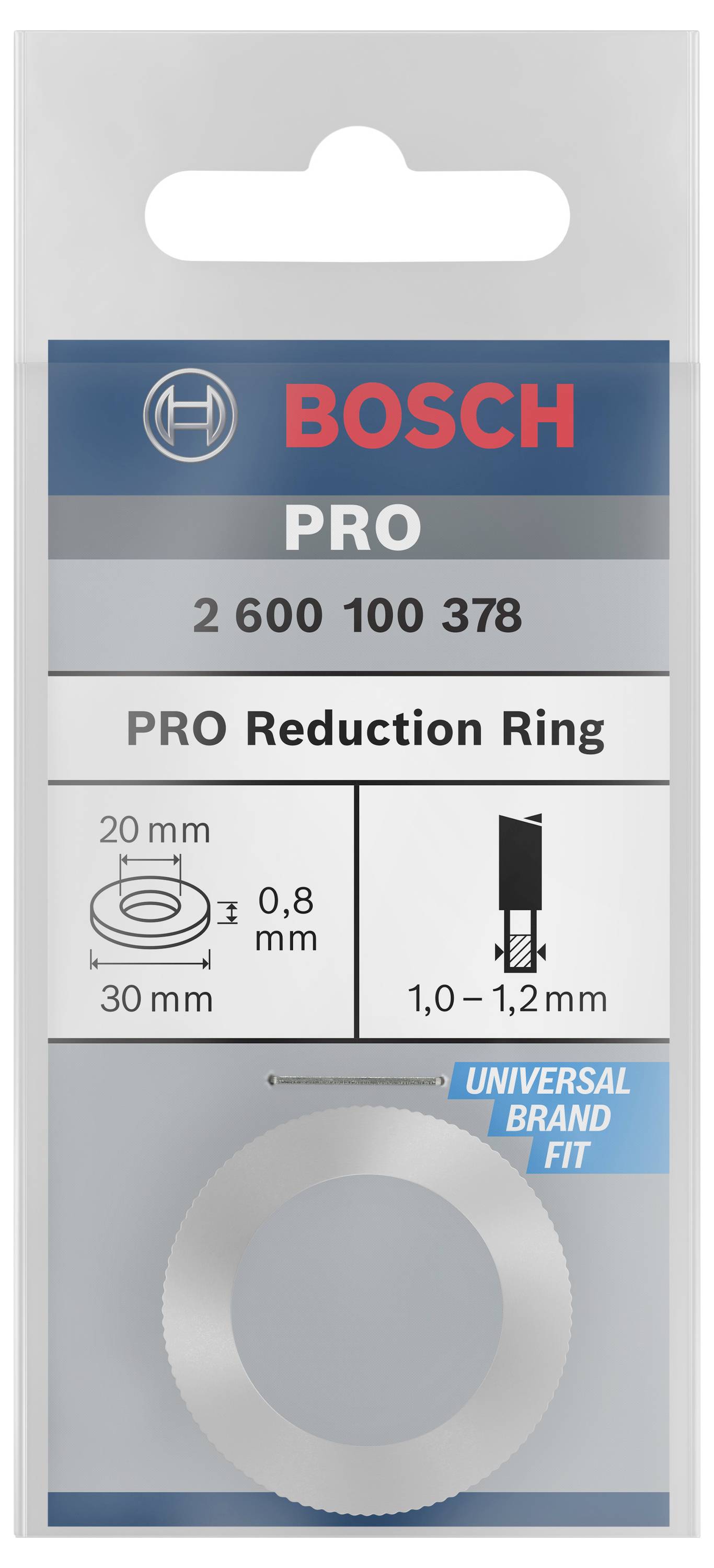 Balenie Bosch PRO redukčného krúžku s rozmermi 20 mm x 30 mm a hrúbkou 0,8 mm. Vhodný pre pasovanie od 1,0 do 1,2 mm.