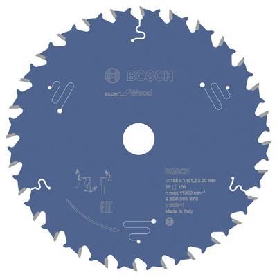 Modré kotúčové pílové rezné kotúče Bosch s 28 zubami na drevo. Na povrchu je vytlačený text "expert for Wood" a "Made in Italy".