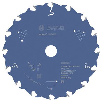 Modré píliarske rezné kotúče na drevo s nápisom 'Bosch Expert'. Rozmery: 160 x 1,8/1,2 x 20 mm. Vyrobené v Taliansku.