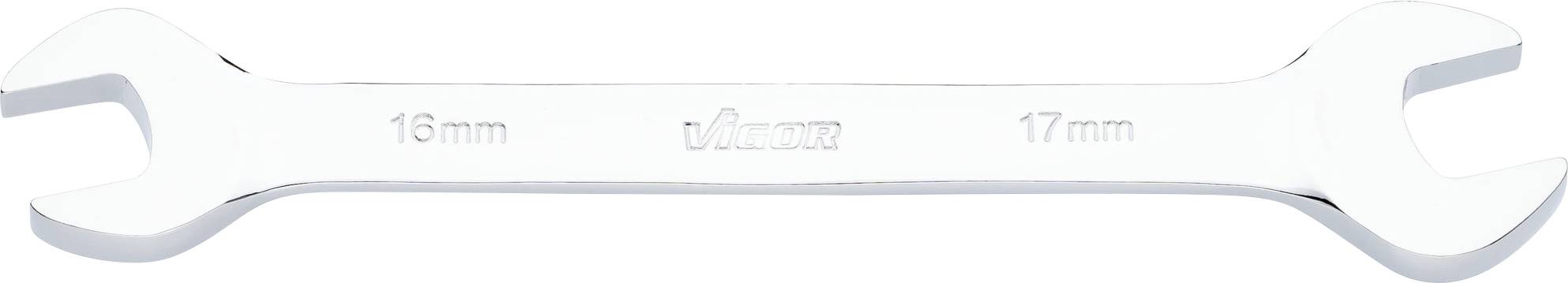 Strieborný plochý kľúč s dvoma veľkosťami pre 16 mm a 17 mm matice.